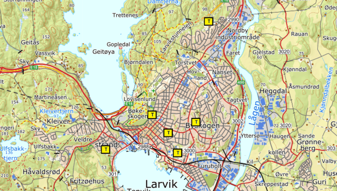 I tillegg til de seks offentlige tilfluktsrommene merket på kartet er det også offentlige tilfluktsrom ved 26 kommunale bygg, som skoler og barnehager. Det er finnes også private tilfluktsrom med ca. 10 000 plasser, for eksempel ved store bedrifter. Foto: skjermdump fra dsb.no