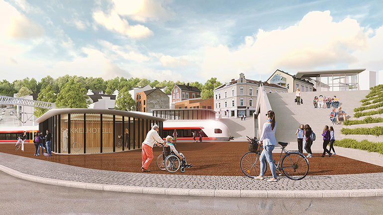 Dette er et eksempel på hvordan en ny jernbanestasjon i Larvik kan bli seende ut, hentet fra Kongegata. På folkemøtet 20. juni vil det bli vist 3D-modeller, illustrasjoner og mulighetsstudier av stasjonsløsninger i Indre havn og Kongegata. Illustrasjon: Bane NOR