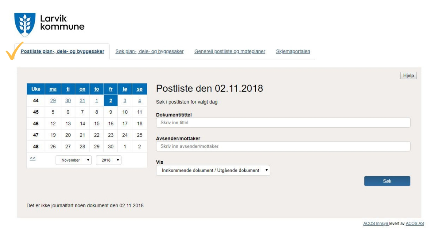 Velg "Postliste plan-,dele og byggesaker". Du kan søke på både tittel, avsender/mottaker og dato.