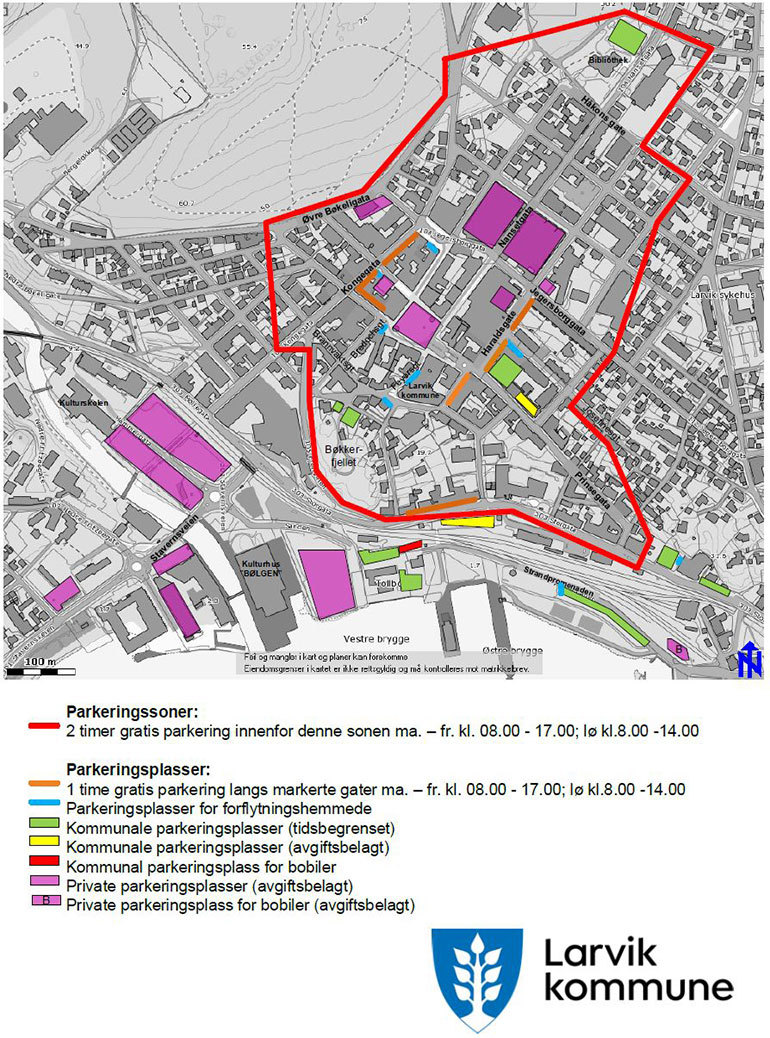 Illustrasjonen viser hvor du kan parkere i Larvik sentrum.