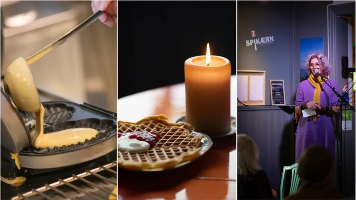 Bildecollage av vaffelsteking, vaffel på en tallerken og kvinne som snakker i mikrofon på en scene