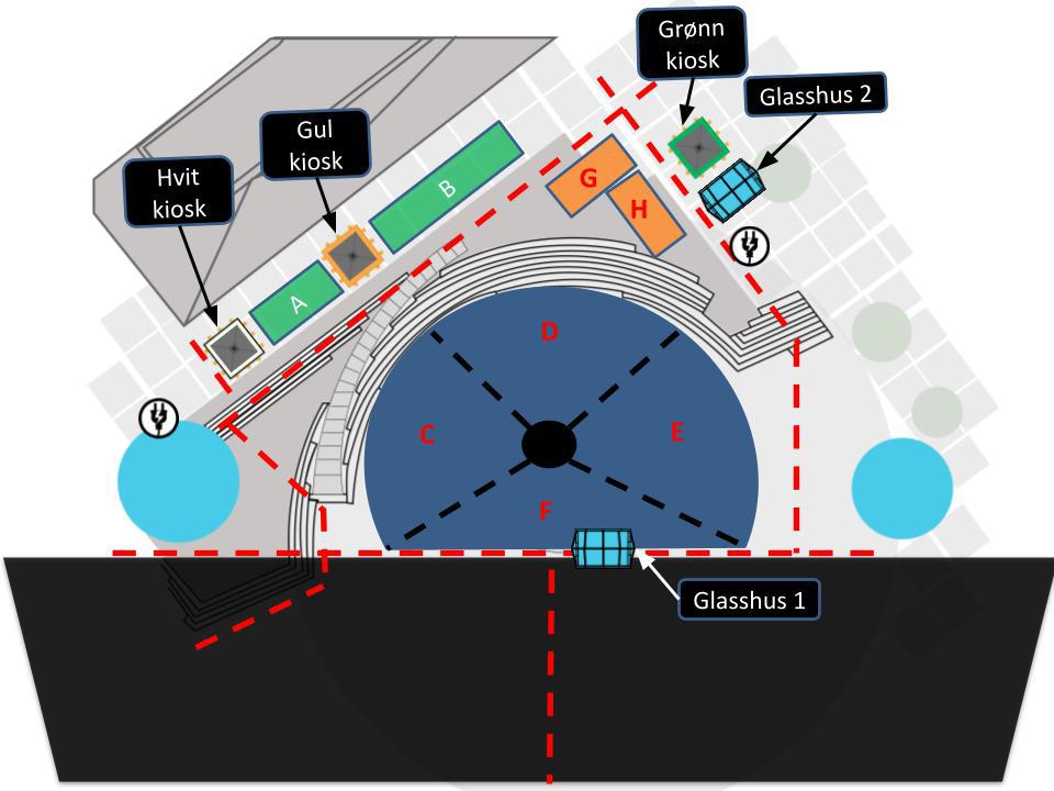Oversikt over hvor kiosker og kort er glassboder er plassert på/ved torget