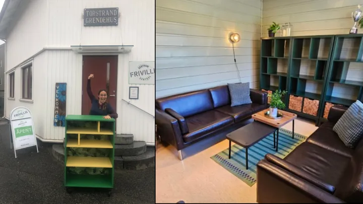 Fornøyde "kunder". Kristine på Sentrum Frivillighetssentral (venstre) ble strålende fornøyd med den nye byttebokahylla si som ble pimpet av Verket. De ansatte på Borgejordet barnehage (høyre) kunne starte høsten med oppgradert pauserom med blant annet sofaer fra gjenbruksappen.