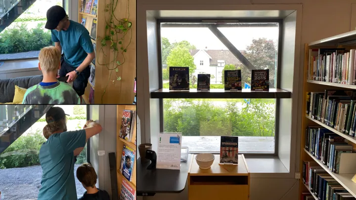 Gjenbrukshyller laget av Verket og skoleelever på biblioteket i Svarstad. Hyllene er laget av gamle skolepulter/ skolehyller.