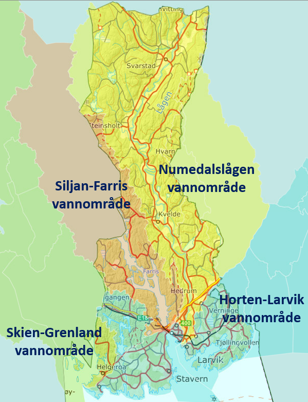 Kart med Larvik kommune sine fire vannområder