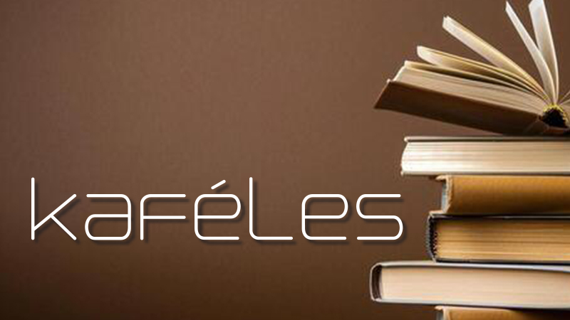 kafe les logo og en stabel med bøker på kaffebrun bakgrunn