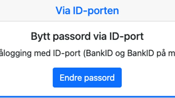 Skjermdump fra passord.larvik.kommune.no Via ID-porten Bytt passord via ID-port. Benytt pålogging med ID-port (BankID og BankID på mobil osv) Knapp blå: Endre passord