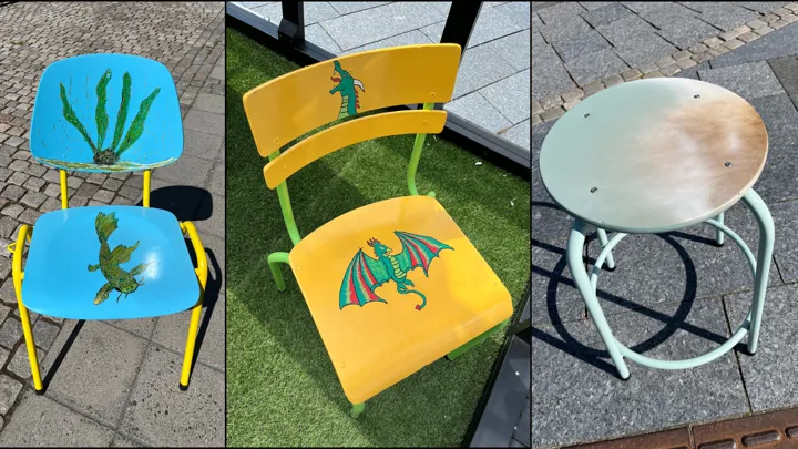 Pimping av gamle skolestoler i forbindelse med Miljødagen 5. juni. Stolene ble etterpå omplassert til ulike virksomheter i Larvik kommune.
