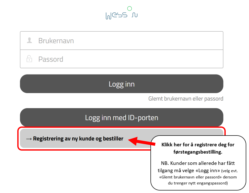 Bildet viser innloggingsbilde og hvor du skal trykke for å registrere deg
